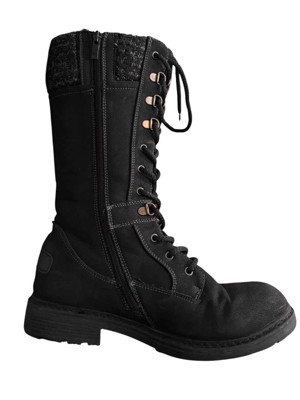 Spring Step Black Mid-Calf Lace-Up Boots with Knit Cuff
